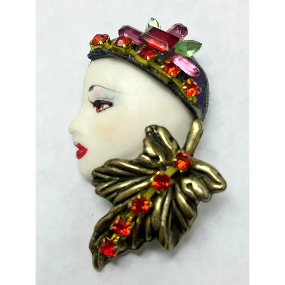 Vintage Art Deco Rhinestone Lady Woman Brooch Pin